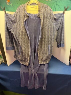 Coral Bay Blueish Purple Velour Jumpsuit with Patterned Knit Zip Jacket